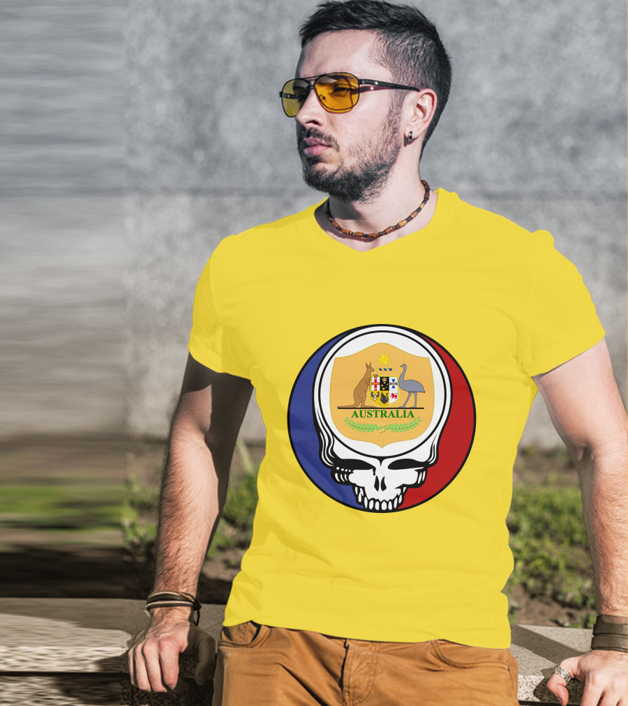 Australia National Football Team Grateful Dead Skull Emblem With Kangaroo And Emu Crest T-Shirt