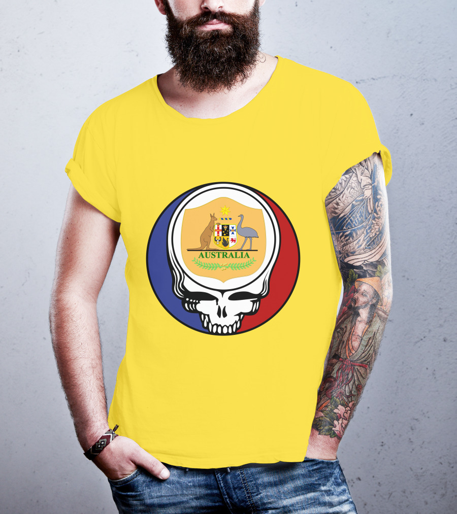 Australia National Football Team Grateful Dead Skull Emblem With Kangaroo And Emu Crest T-Shirt
