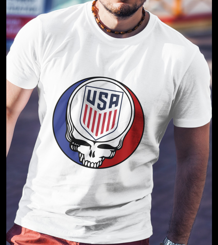 USA Soccer Grateful Dead Skull Logo Red Blue Badge T-Shirt