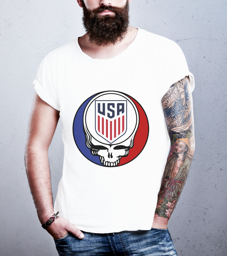 USA Soccer Grateful Dead Skull Logo Red Blue Badge T-Shirt
