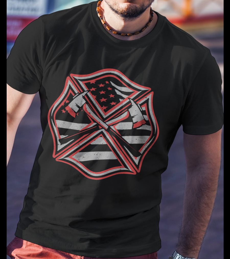 Red Thin Line Firefighter American Flag Maltese Cross T-Shirt