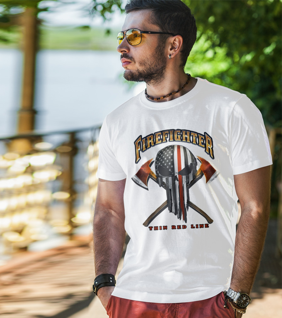 Firefighter Thin Red Line Punisher Skull American Flag Crossed Axes T-Shirt