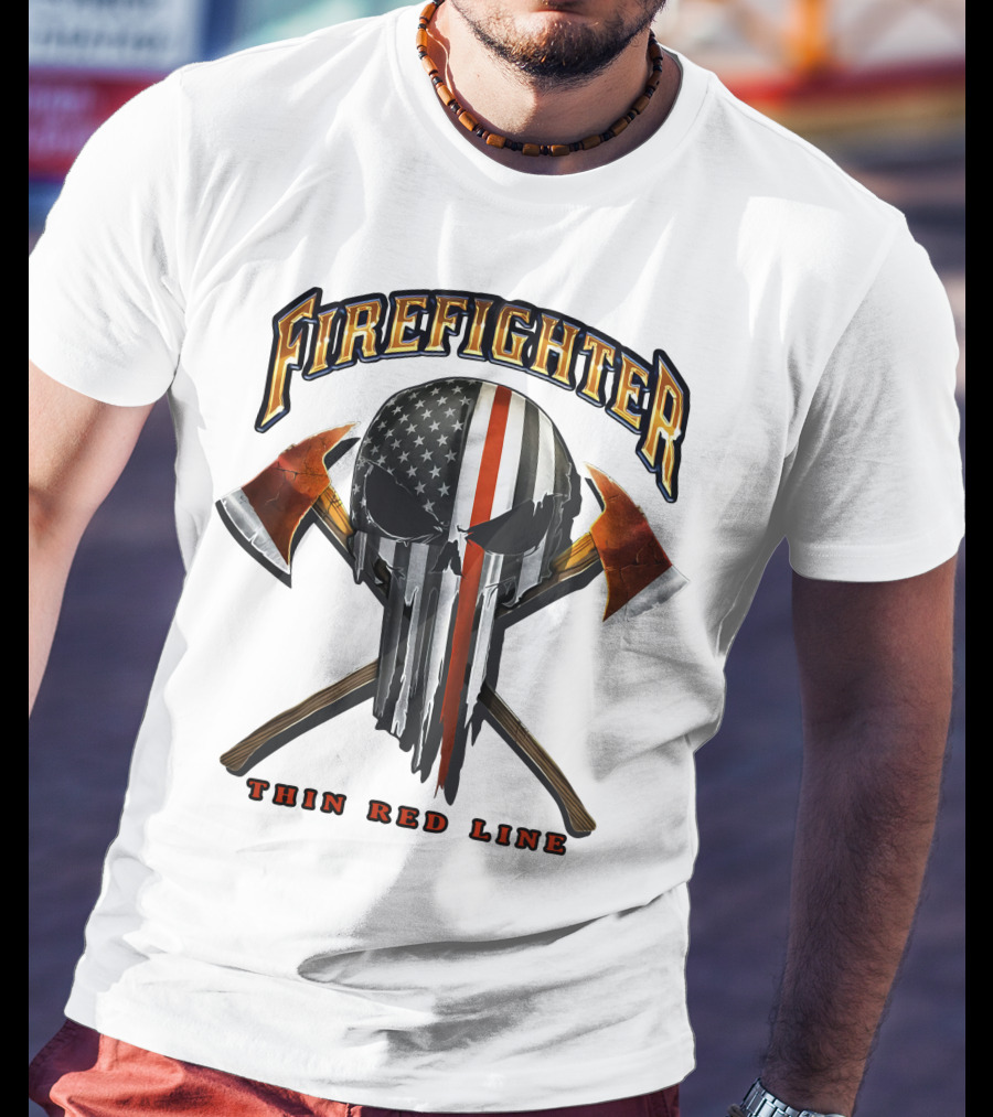 Firefighter Thin Red Line Punisher Skull American Flag Crossed Axes T-Shirt
