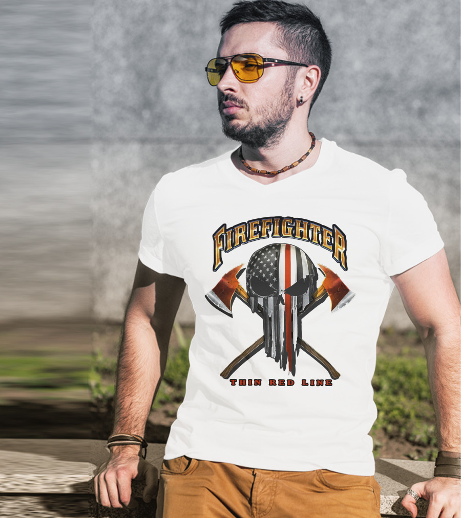 Firefighter Thin Red Line Punisher Skull American Flag Crossed Axes T-Shirt