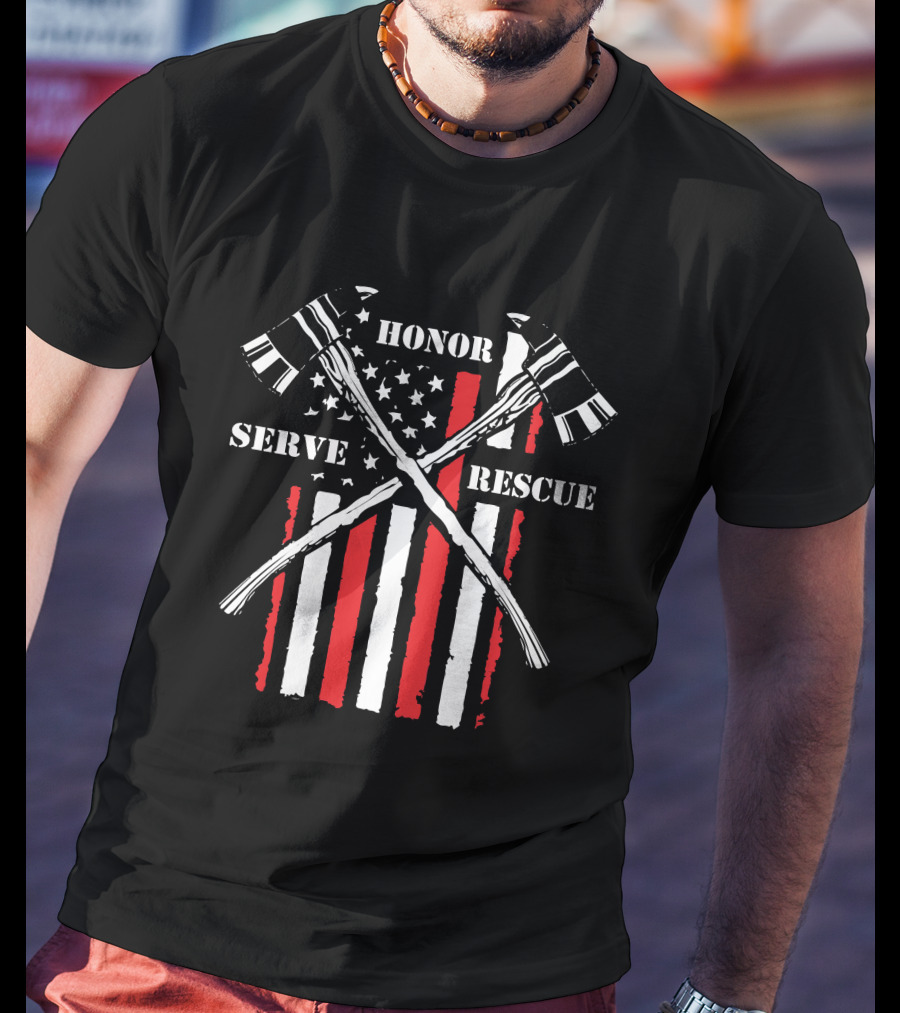 HONOR SERVE RESCUE FIREFIGHTER AXES AND RED STRIPES BACKGROUND T-Shirt