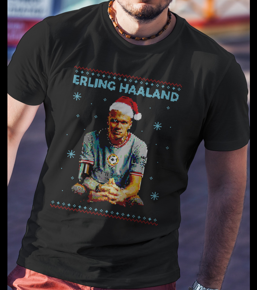 ERLING HAALAND Christmas Pixel Art With Santa Hat T-Shirt