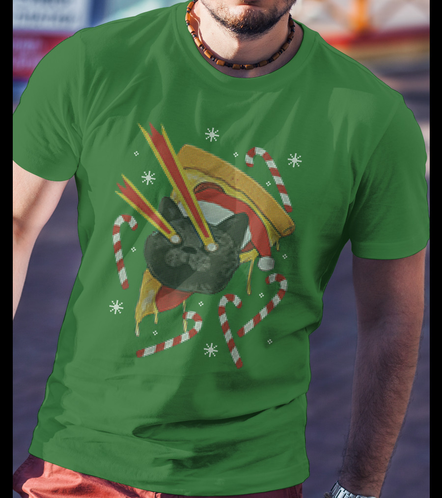 Drax Christmas Jumpers Cat Laser Eyes Christmas Pizza Candy Canes T-Shirt