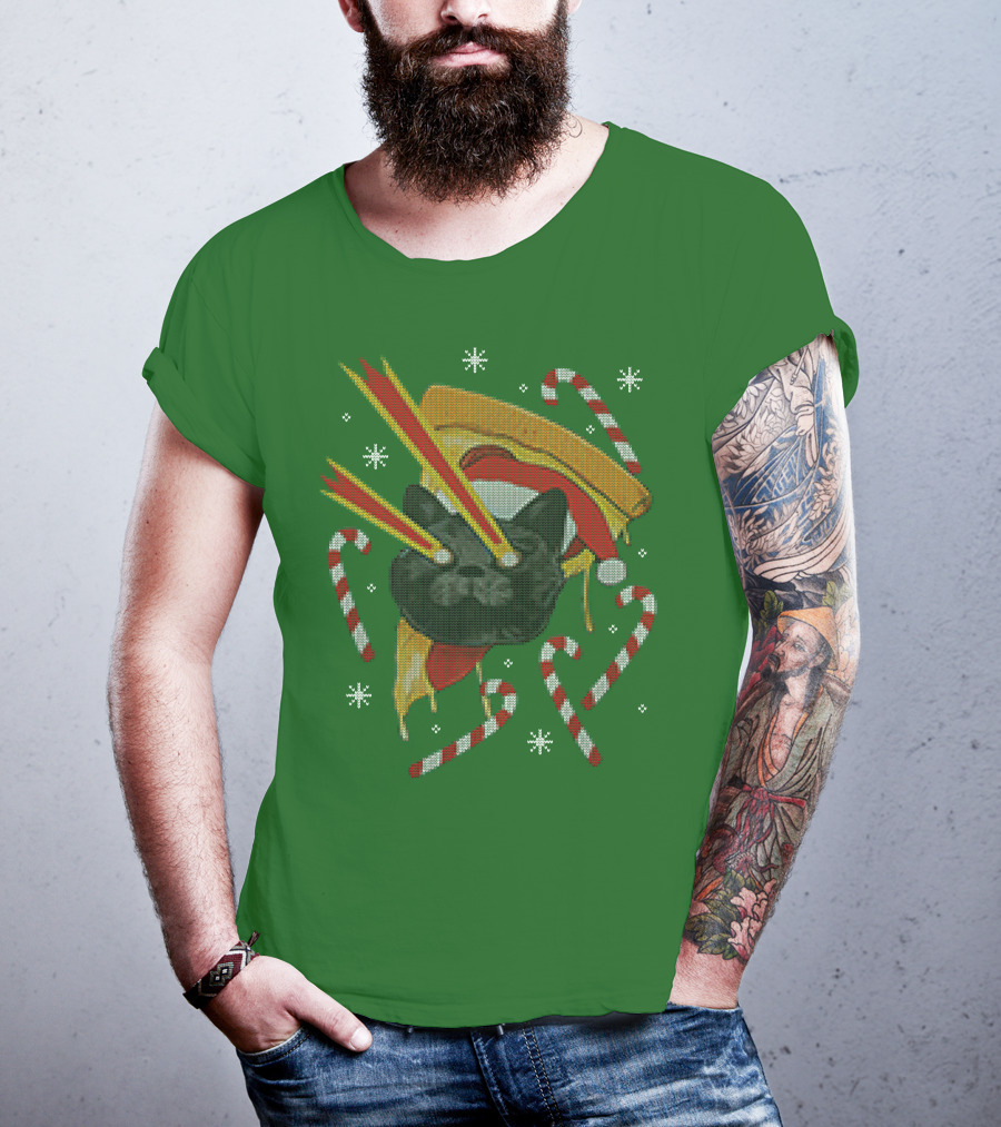 Drax Christmas Jumpers Cat Laser Eyes Christmas Pizza Candy Canes T-Shirt