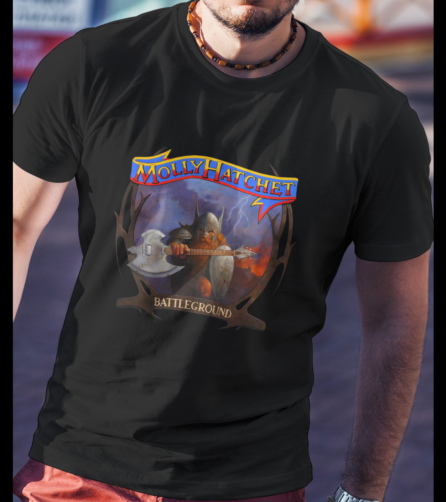 Molly Hatchet Battleground Viking Warrior With Axe Guitar And Shield T-Shirt