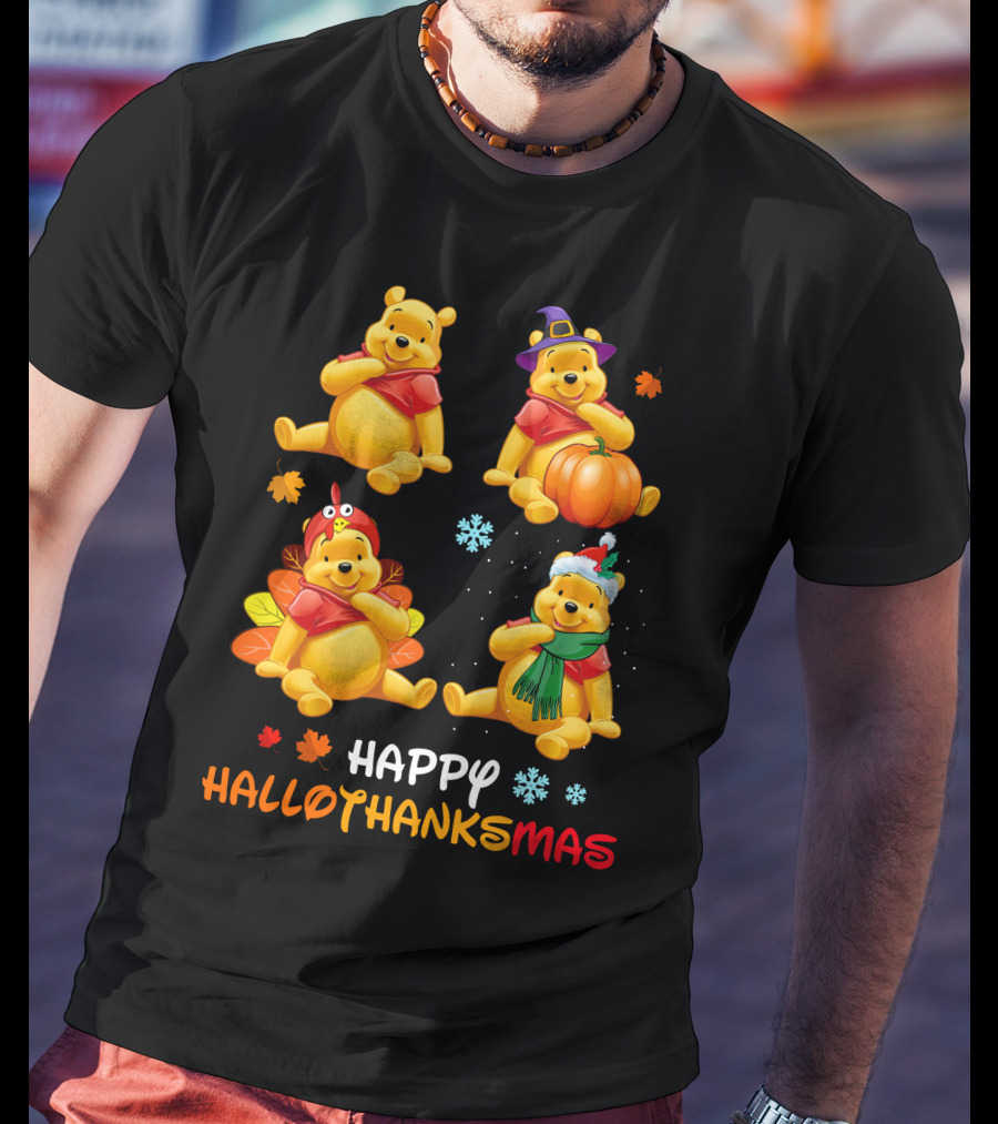 Happy HALLOTHANKSMAS Pooh Bear Autumn Winter Holiday Theme Snowflakes Pumpkins Leaves T-Shirt