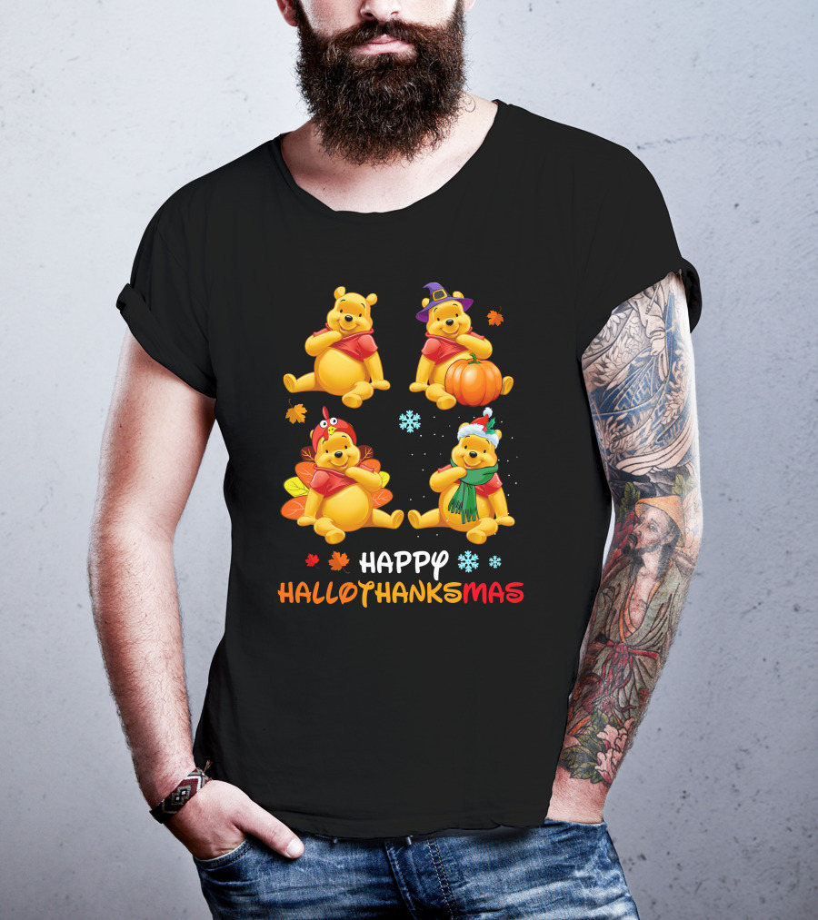 Happy HALLOTHANKSMAS Pooh Bear Autumn Winter Holiday Theme Snowflakes Pumpkins Leaves T-Shirt