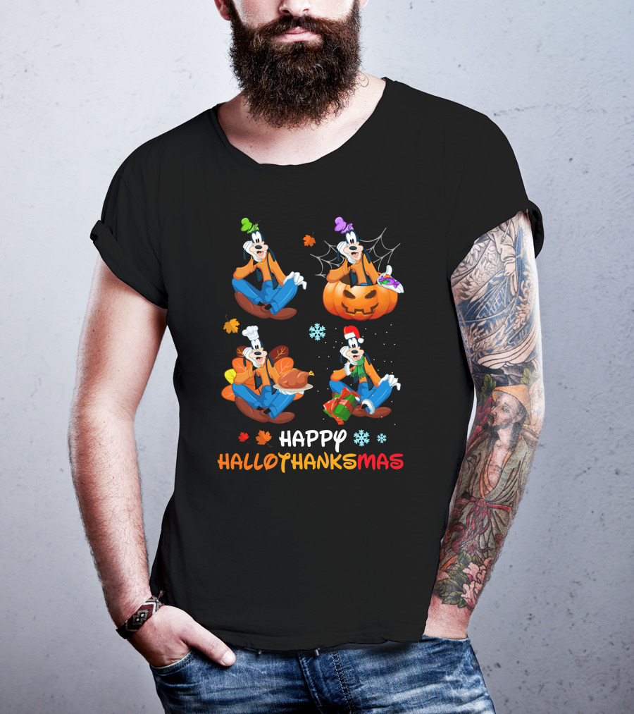 HAPPY HALLOTHANKSMAS Goofy Halloween Thanksgiving Christmas Festive Cartoon Characters T-Shirt