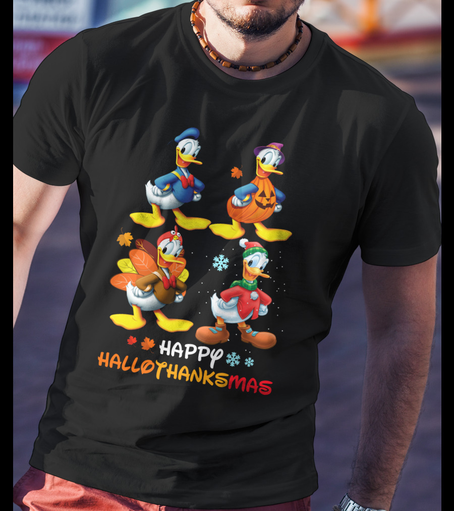 Happy HALLOTHANKSMAS Donald Characters In Holiday Costumes T-Shirt