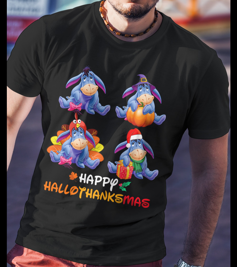 HAPPY HALLOTHANKSMAS Eeyore With Halloween Thanksgiving Christmas Themes T-Shirt