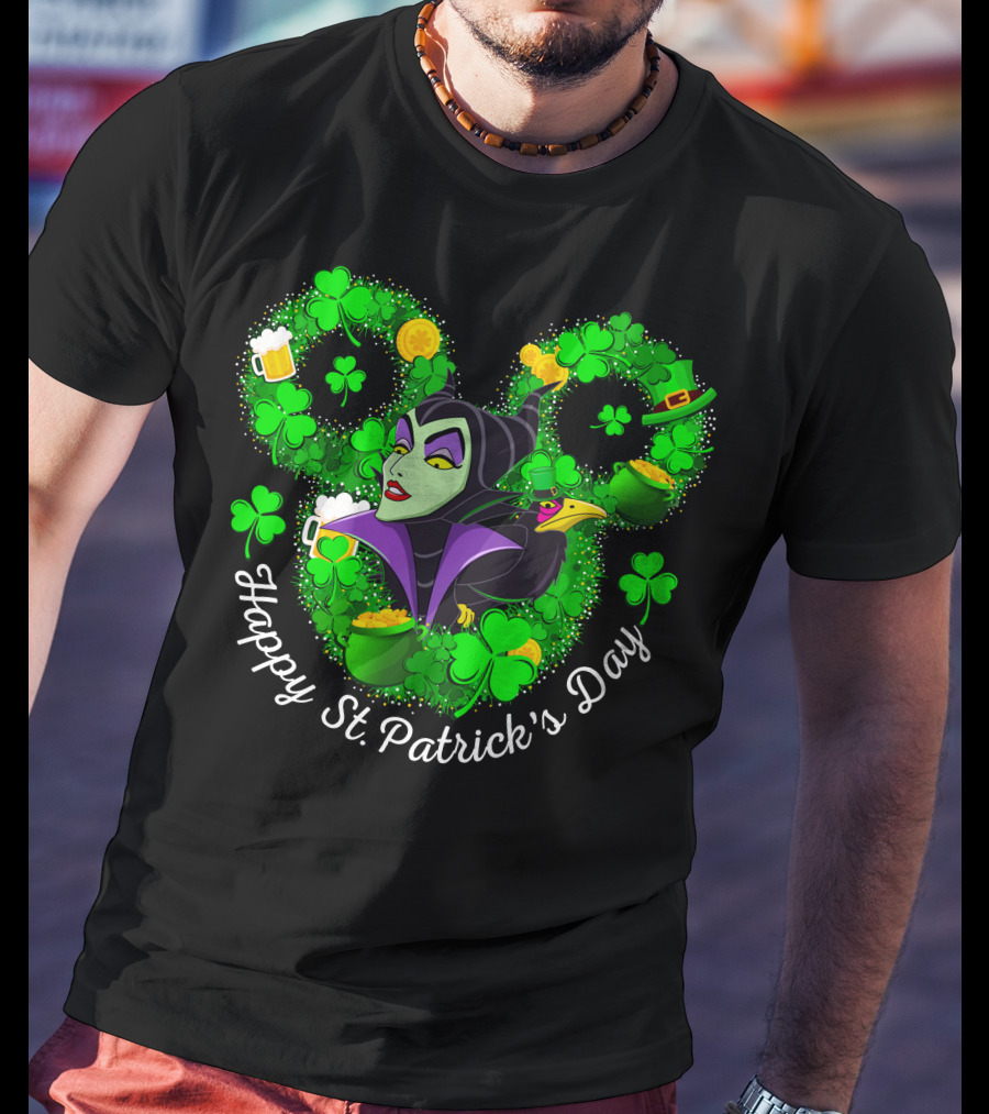 Maleficent Happy St. Patrick's Day Clover Coins Beer T-Shirt