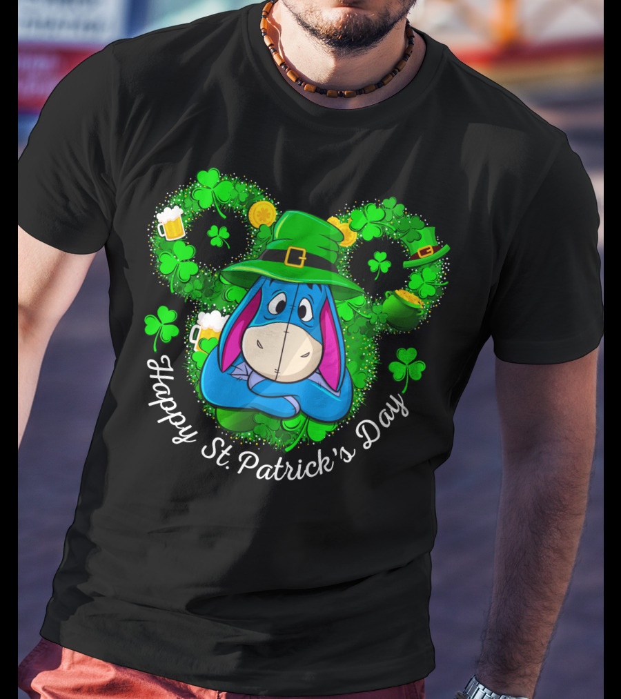 Eeyore Happy St. Patrick's Day Clover Hat Shamrocks And Beer T-Shirt