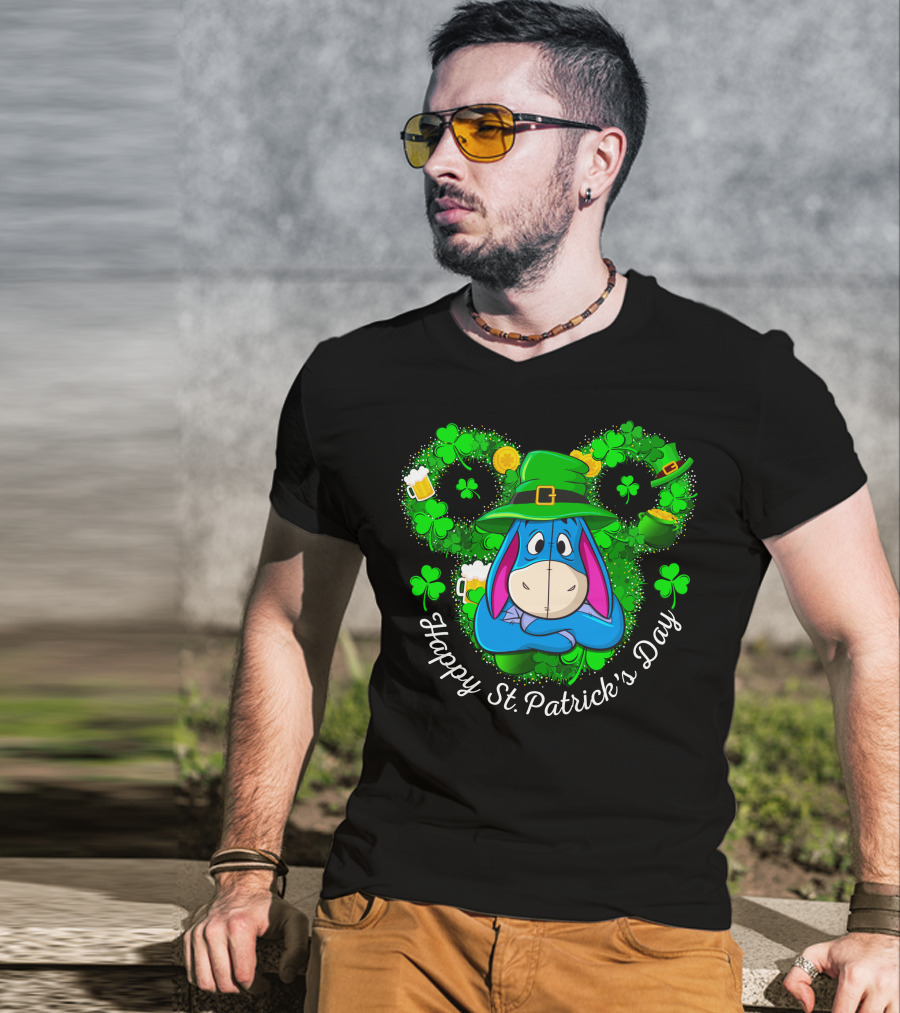 Eeyore Happy St. Patrick's Day Clover Hat Shamrocks And Beer T-Shirt