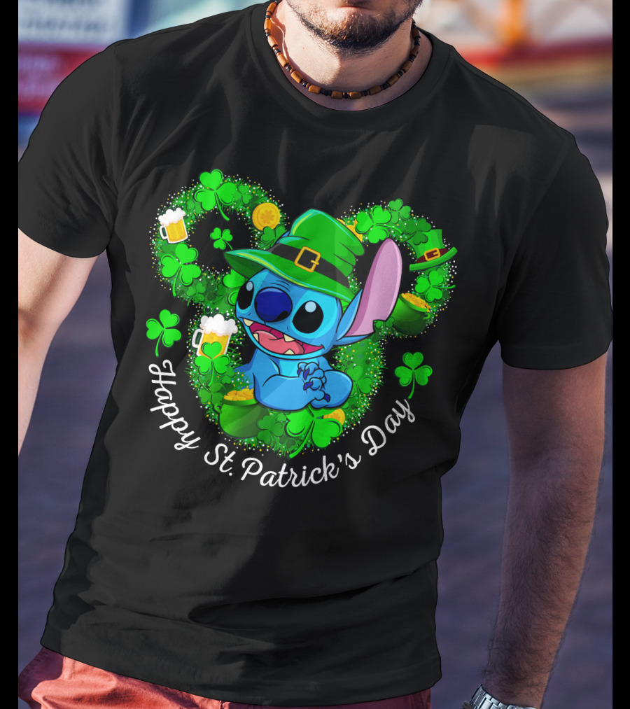 Stitch Happy St. Patrick's Day Shamrocks And Beer Celebration T-Shirt