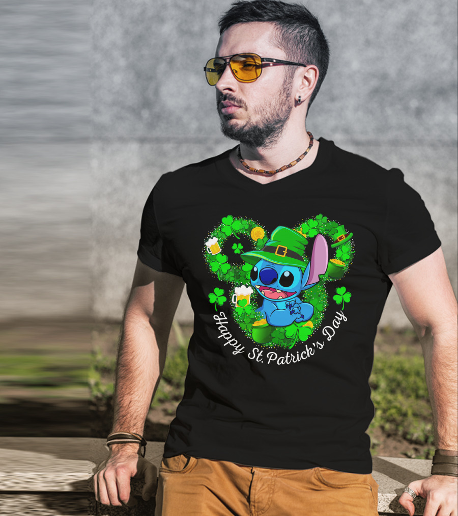 Stitch Happy St. Patrick's Day Shamrocks And Beer Celebration T-Shirt
