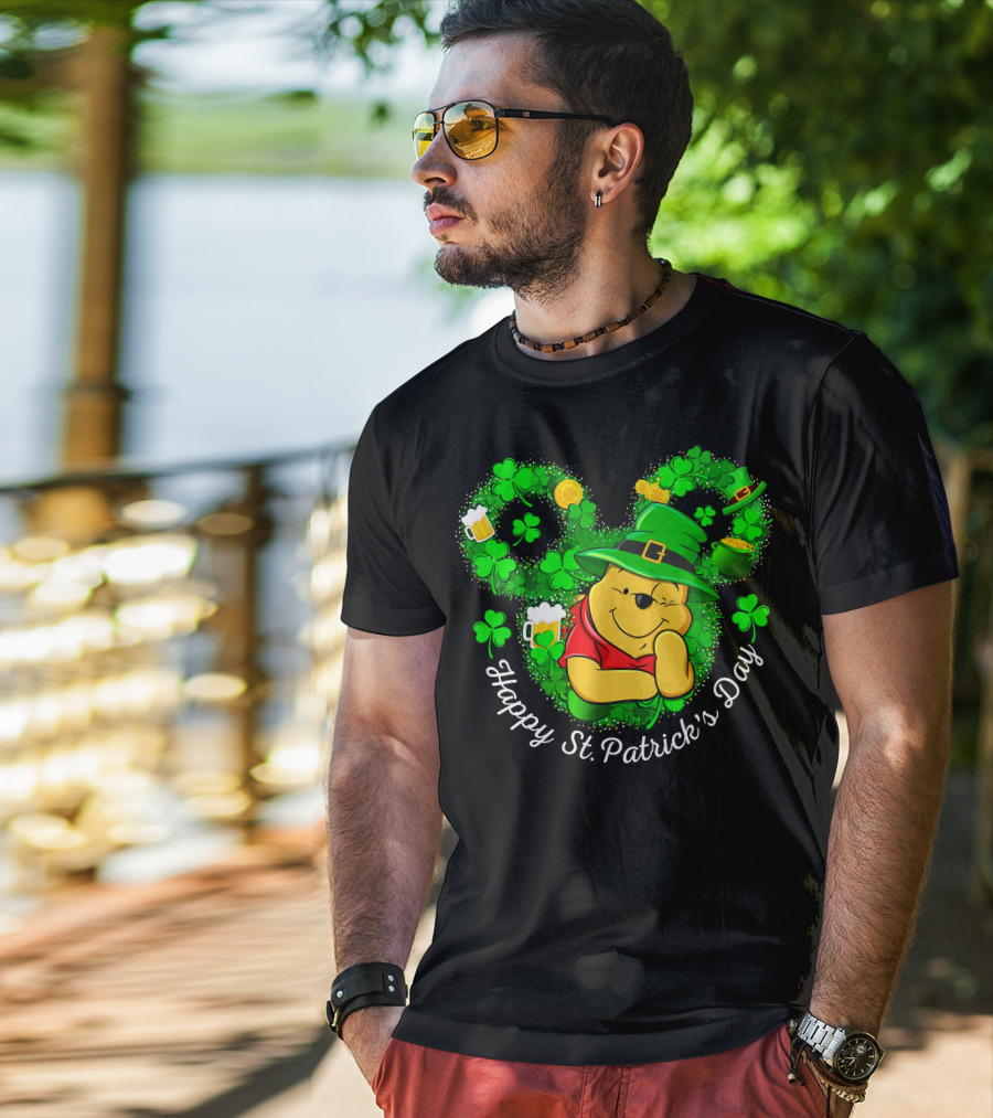 Happy St. Patrick's Day Pooh Shamrocks And Green Hat T-Shirt