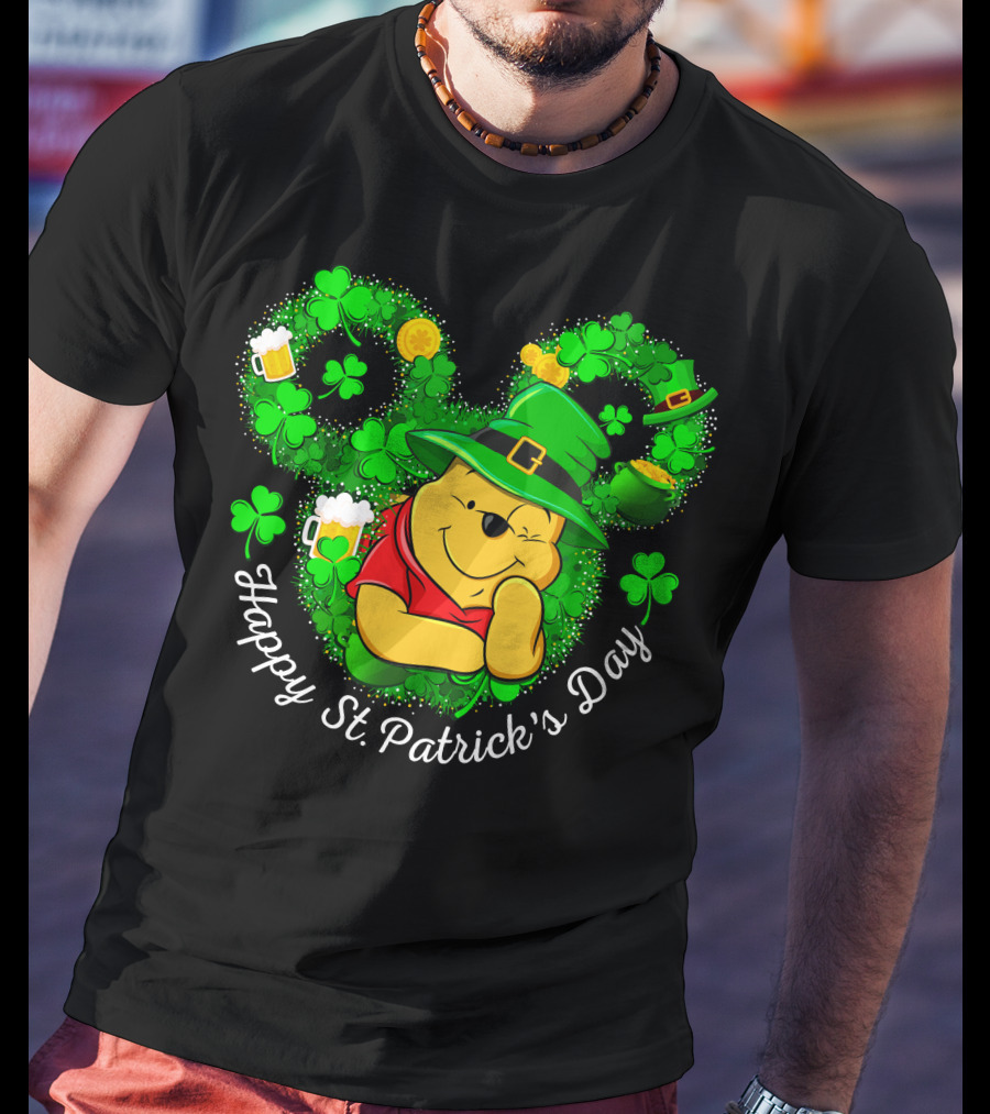 Happy St. Patrick's Day Pooh Shamrocks And Green Hat T-Shirt