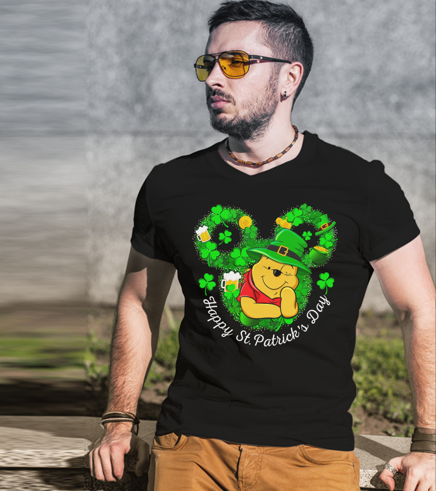 Happy St. Patrick's Day Pooh Shamrocks And Green Hat T-Shirt
