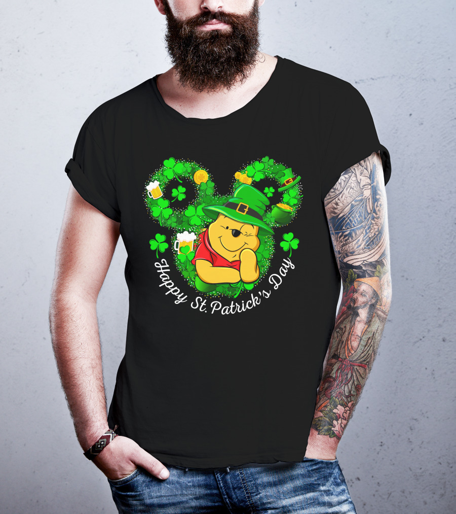 Happy St. Patrick's Day Pooh Shamrocks And Green Hat T-Shirt