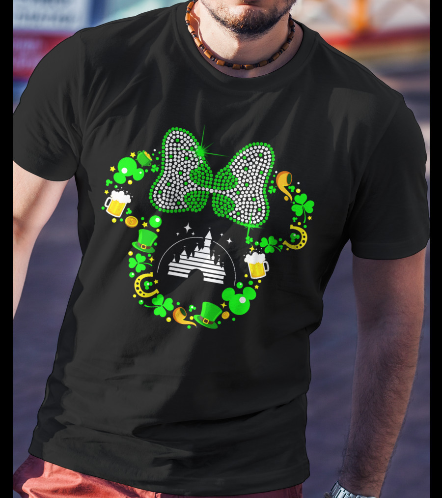 St. Patrick's Day Minnie Mouse Shamrock Castle Lucky Charm Party Bow T-Shirt
