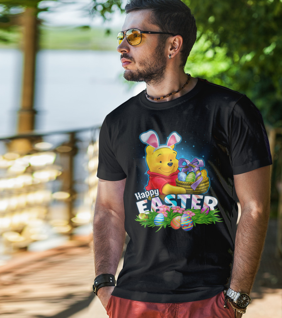 Pooh Happy Easter With Basket Of Eggs And Bunny Ears T-Shirt