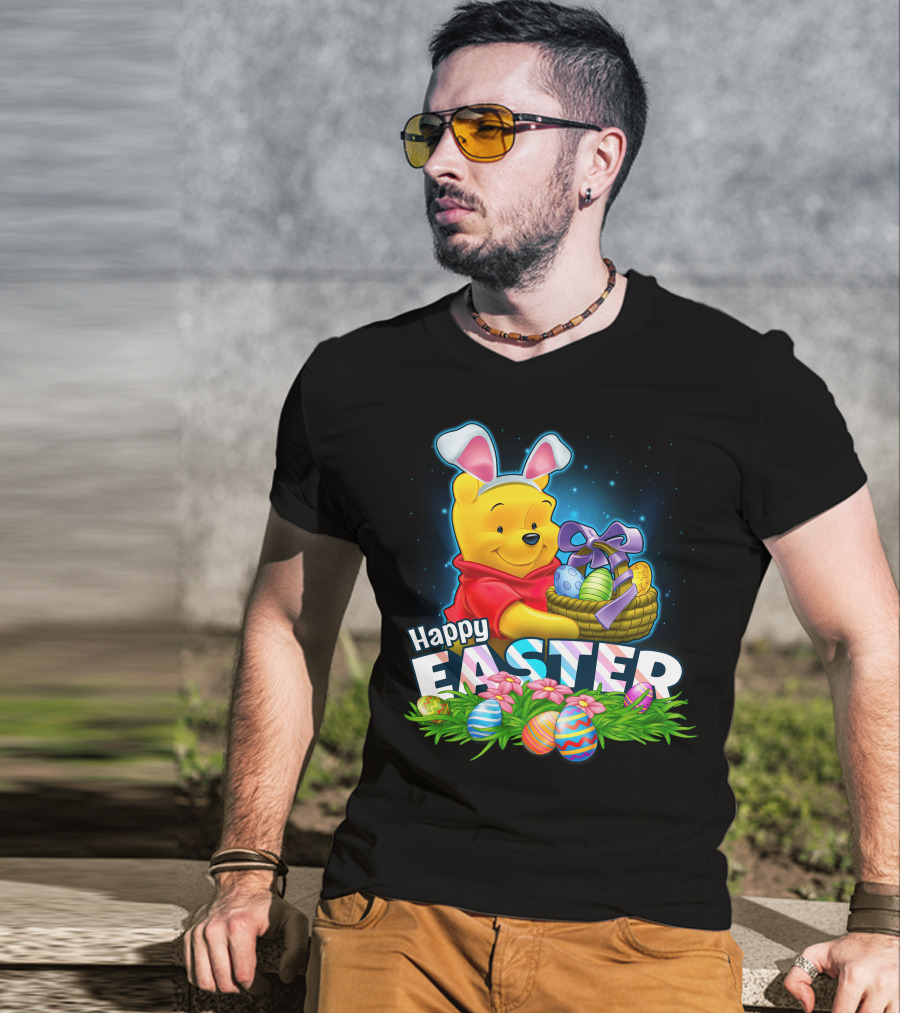 Pooh Happy Easter With Basket Of Eggs And Bunny Ears T-Shirt