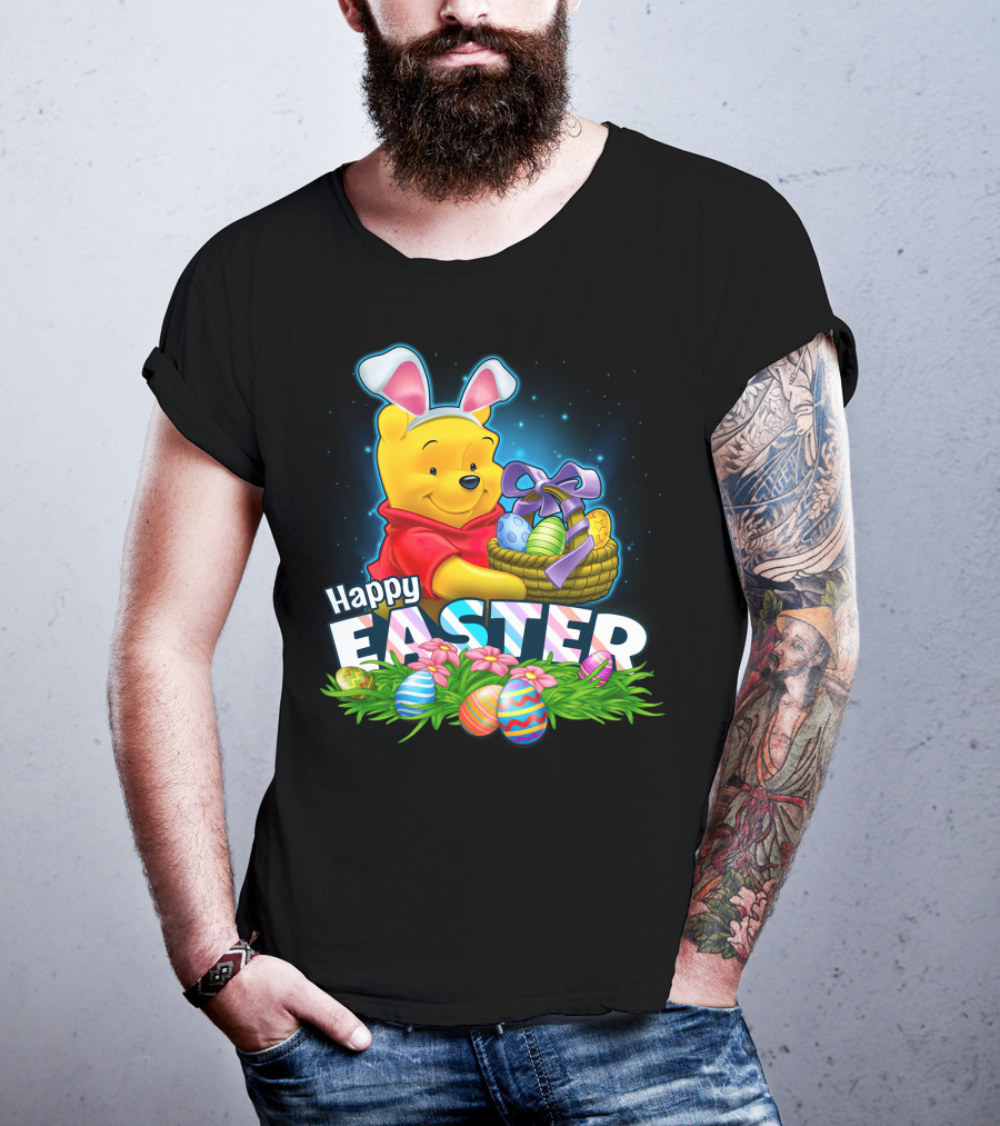 Pooh Happy Easter With Basket Of Eggs And Bunny Ears T-Shirt