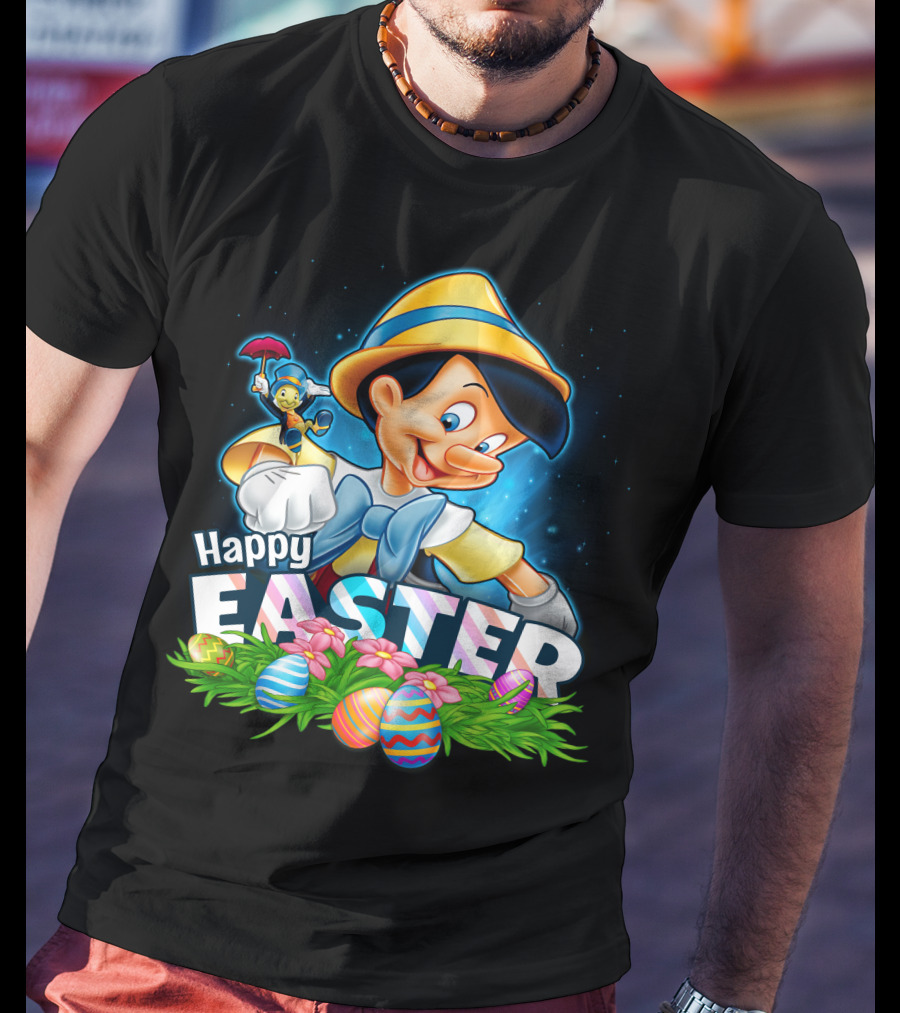 Pinocchio Happy Easter Colorful Eggs And Jiminy Cricket T-Shirt