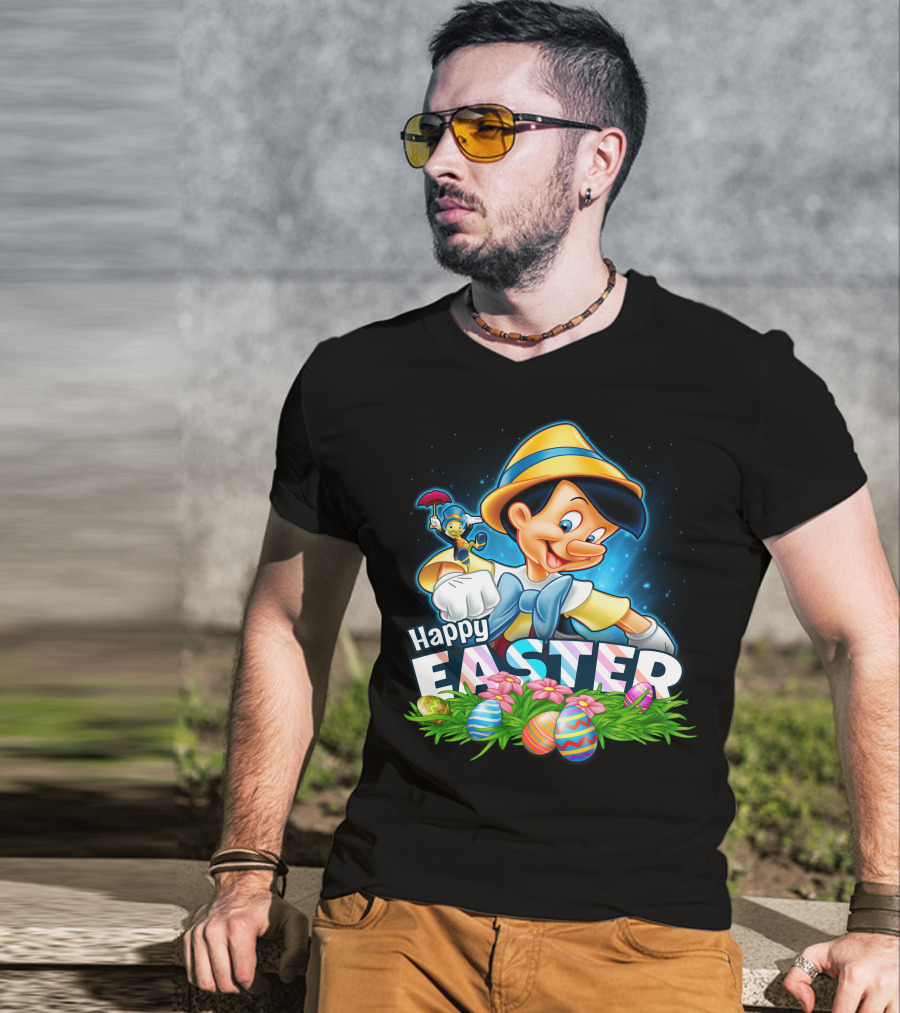 Pinocchio Happy Easter Colorful Eggs And Jiminy Cricket T-Shirt