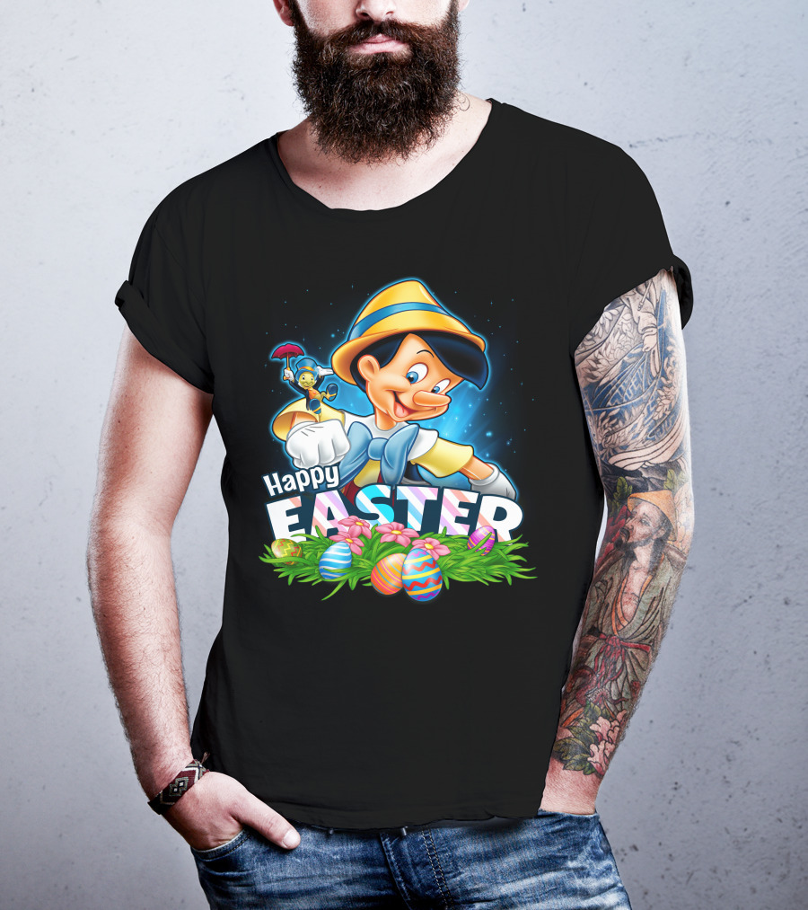 Pinocchio Happy Easter Colorful Eggs And Jiminy Cricket T-Shirt