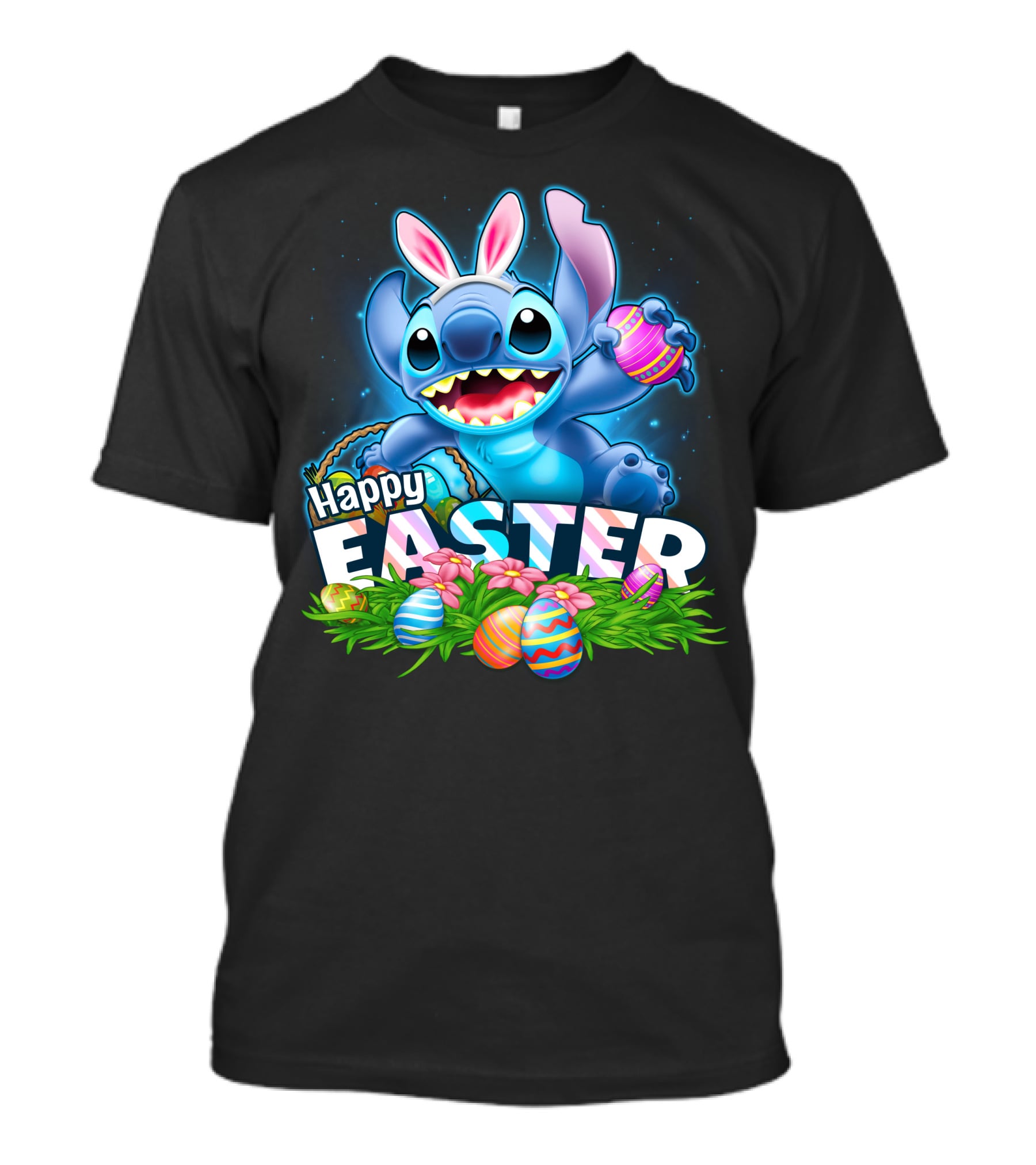 Stitch Happy Easter With Bunny Ears And Colorful Eggs T-Shirt