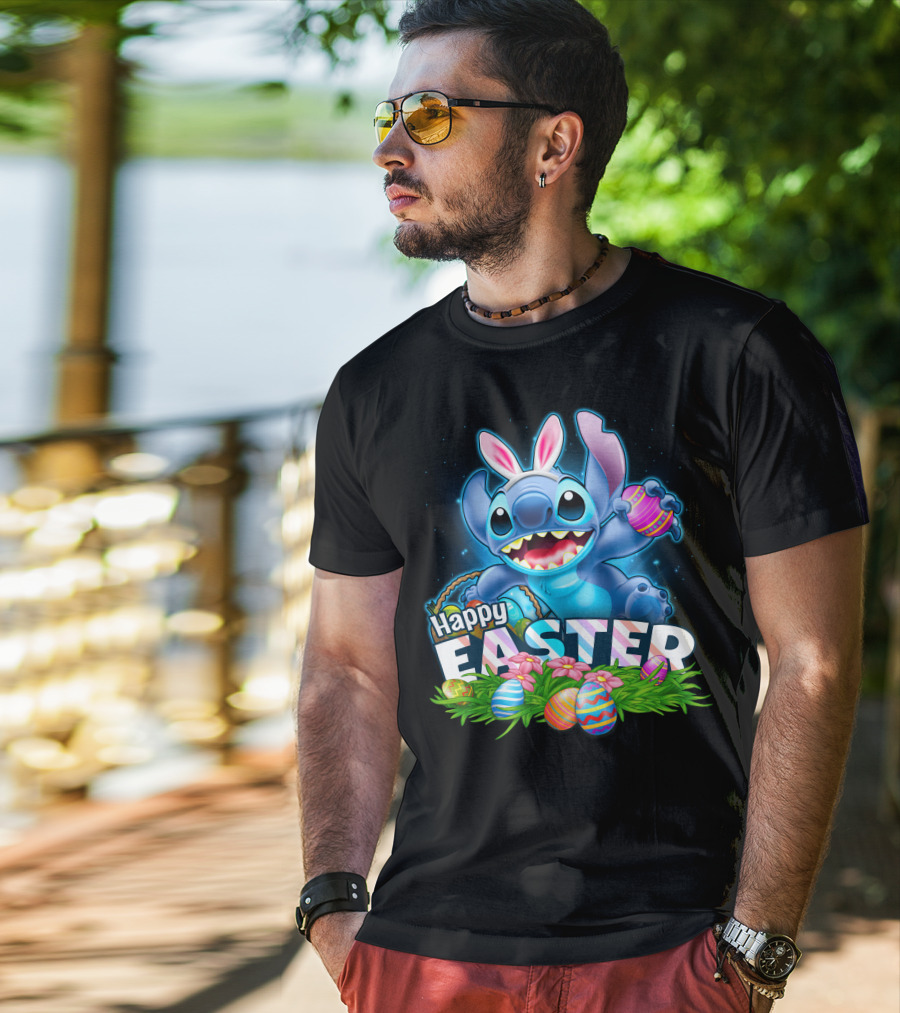Stitch Happy Easter With Bunny Ears And Colorful Eggs T-Shirt