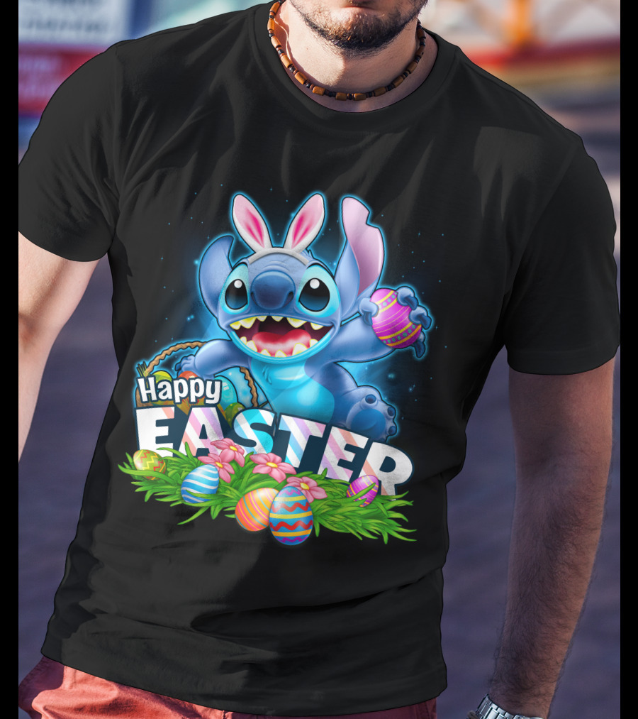Stitch Happy Easter With Bunny Ears And Colorful Eggs T-Shirt