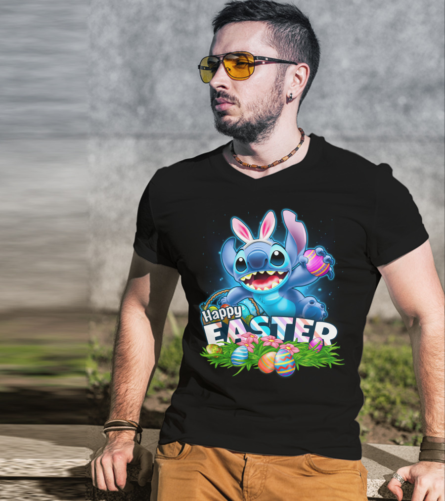 Stitch Happy Easter With Bunny Ears And Colorful Eggs T-Shirt