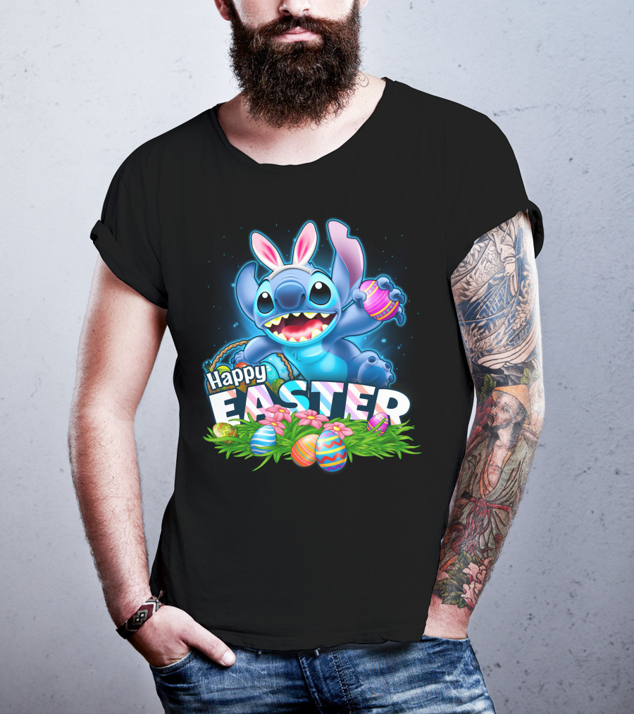 Stitch Happy Easter With Bunny Ears And Colorful Eggs T-Shirt