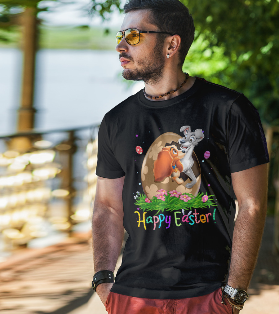 Lady And The Tramp Happy Easter Egg Scene With Colorful Flowers And Eggs T-Shirt