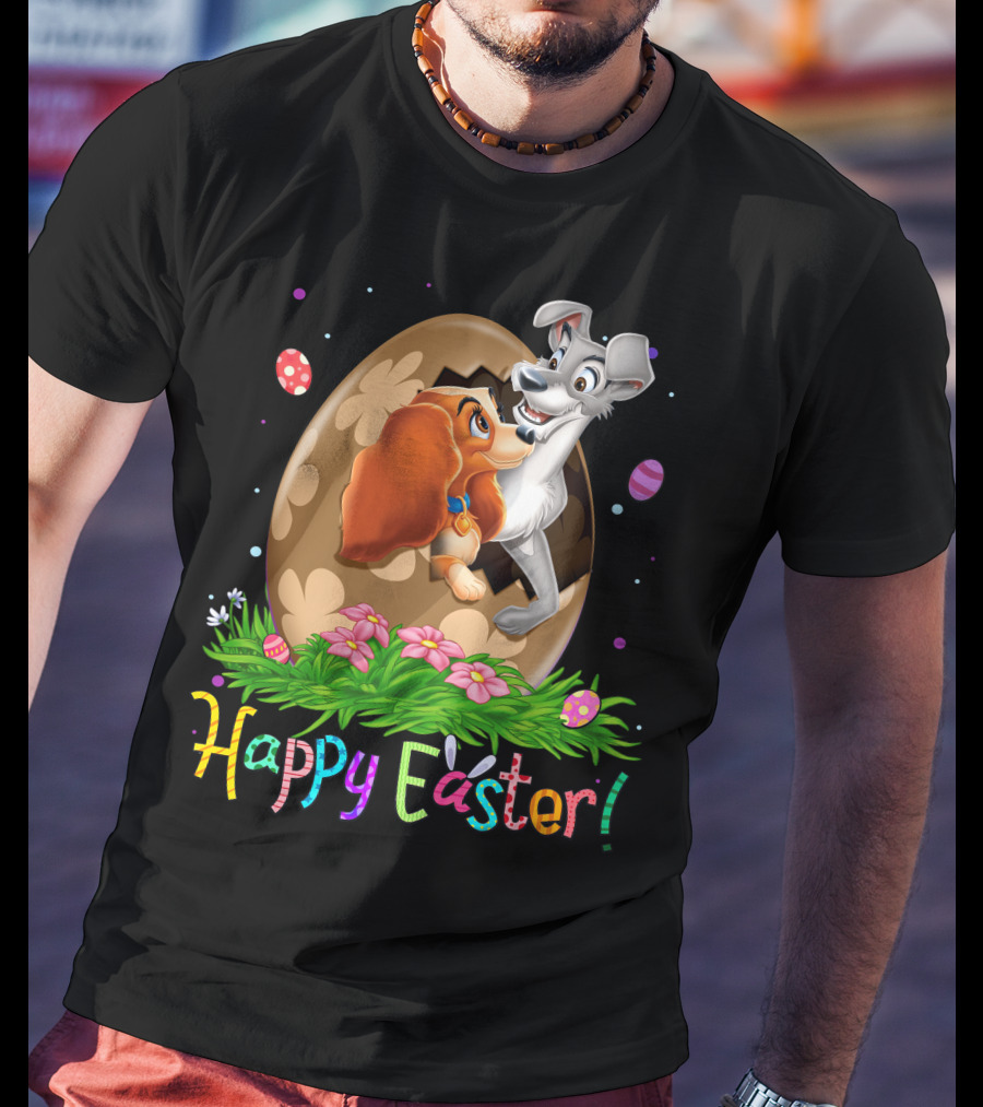 Lady And The Tramp Happy Easter Egg Scene With Colorful Flowers And Eggs T-Shirt