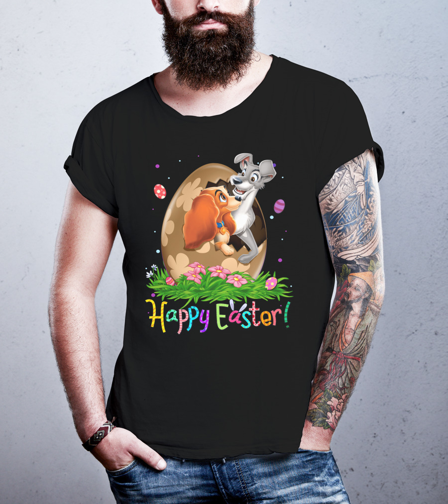 Lady And The Tramp Happy Easter Egg Scene With Colorful Flowers And Eggs T-Shirt