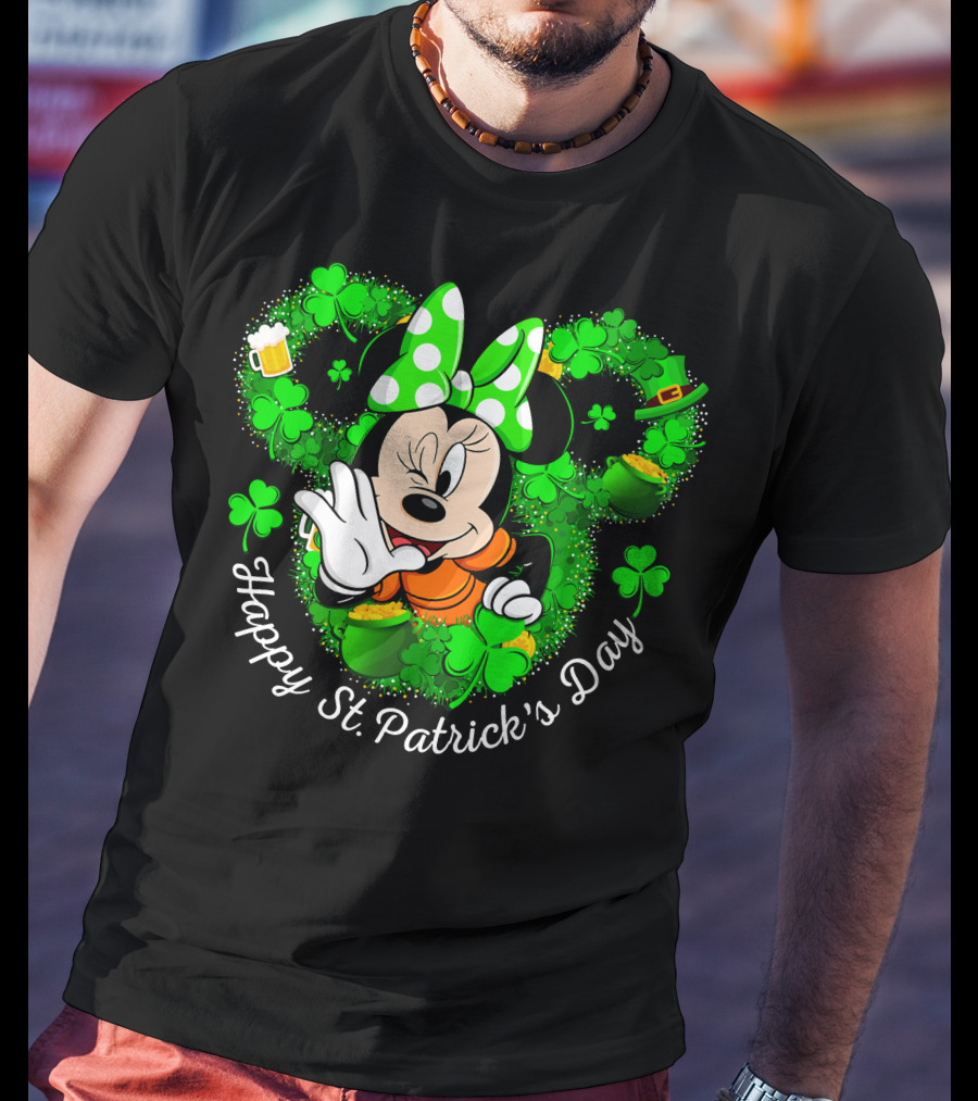 Minnie Mouse Happy St. Patrick's Day Shamrocks And Leprechaun Hat T-Shirt