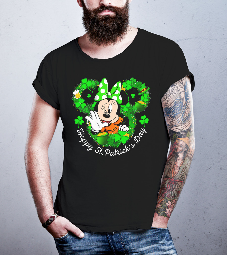 Minnie Mouse Happy St. Patrick's Day Shamrocks And Leprechaun Hat T-Shirt