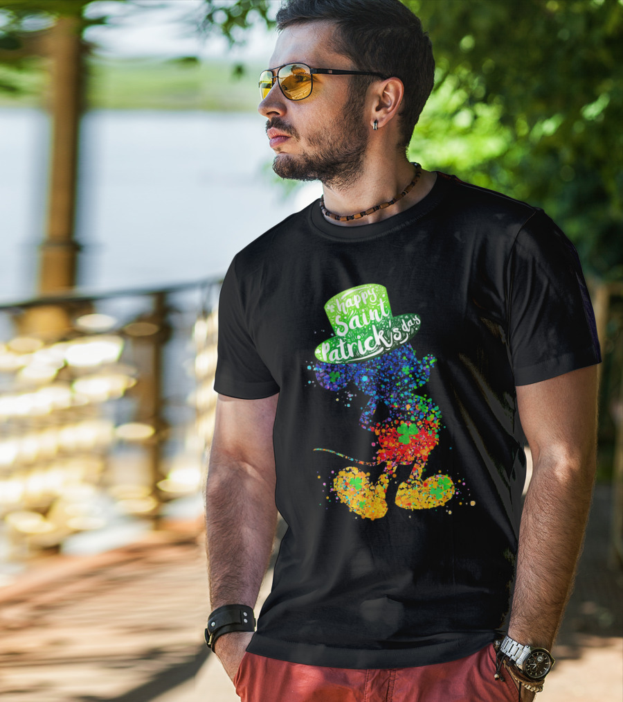 Happy Saint Patrick's Day Mickey Mouse Colorful Splatter Art T-Shirt