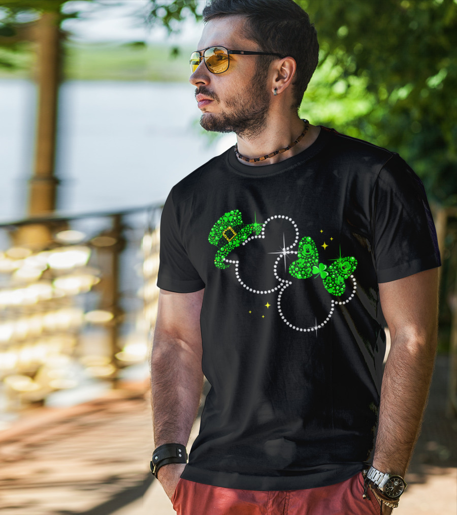 Mickey Minnie St. Patrick's Day Sparkling Green Hat And Bow T-Shirt