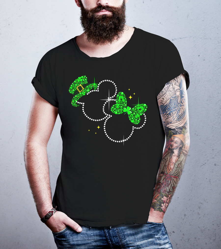 Mickey Minnie St. Patrick's Day Sparkling Green Hat And Bow T-Shirt