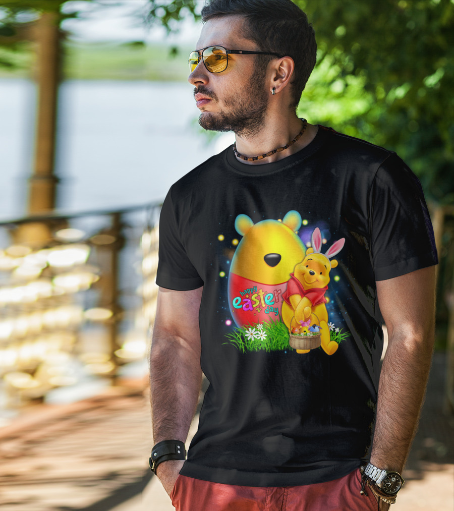 Happy Easter Day Pooh With Basket And Bunny Ears T-Shirt