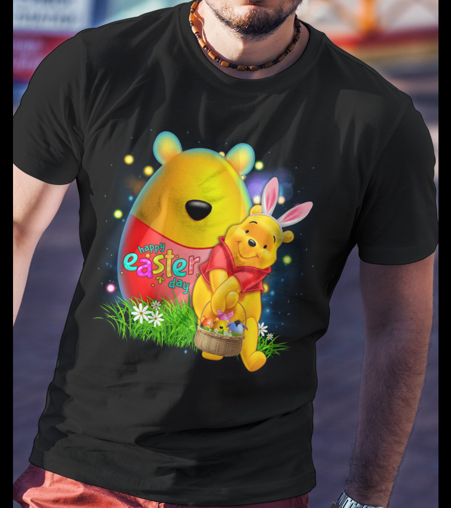 Happy Easter Day Pooh With Basket And Bunny Ears T-Shirt