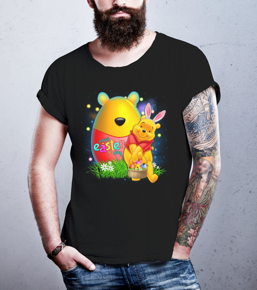 Happy Easter Day Pooh With Basket And Bunny Ears T-Shirt